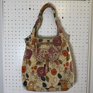 Vintage Fossil Key‎ Per Hobo Tan Vibrant Floral Canvas Zipper Retro Shoulder Bag